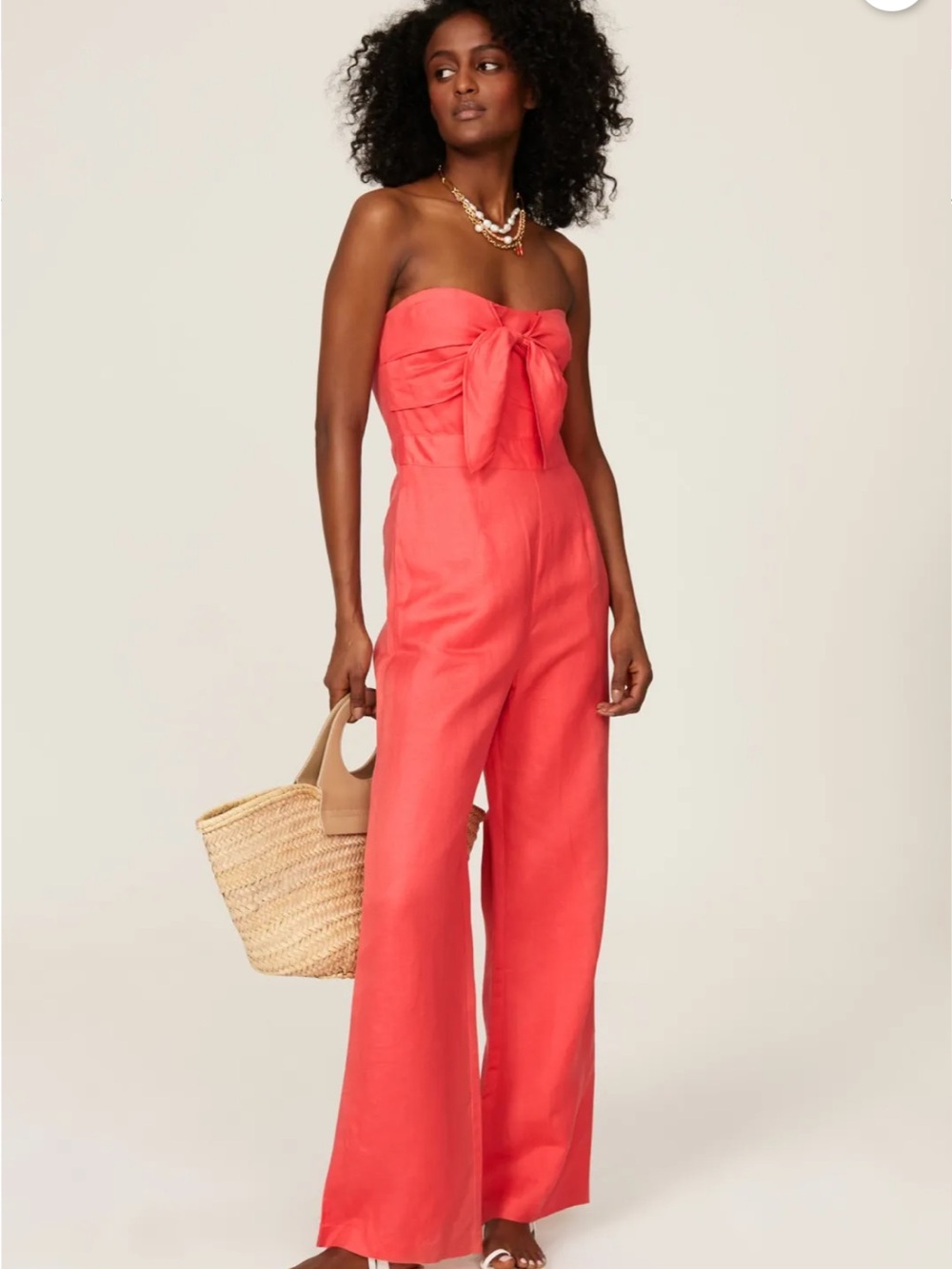 Derek Lam Strapless Wide-Leg Jumpsuit in Coral Red